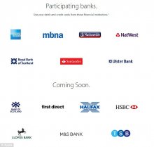 At launch, seven of the major British banks and credit cards support Apple Pay, including American Express, MBNA, Santander, Nationwide, NatWest, Royal Bank of Scotland and Ulster Bank. Bank of Scotland, First Direct, Halifax, HSBC, Lloyds Bank, M&S Bank and TSB are expected to launch in September