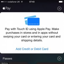Customers in the UK can now use Apple Pay to buy goods and services in high-street stores with a simple wave of their phone or watch. iPhone owners must have the latest version of the iOS software 8.4 to use the service. Card details can then be added in Apple's Passbook app (pictured)